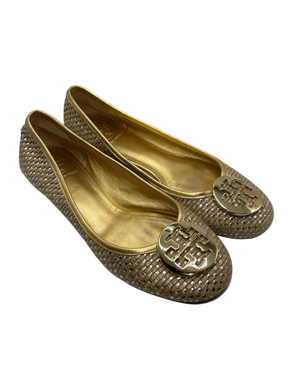 Tory‎ Burch Reva Straw & Gold Leather Ballet Flats Medallion Women's Size 8 US